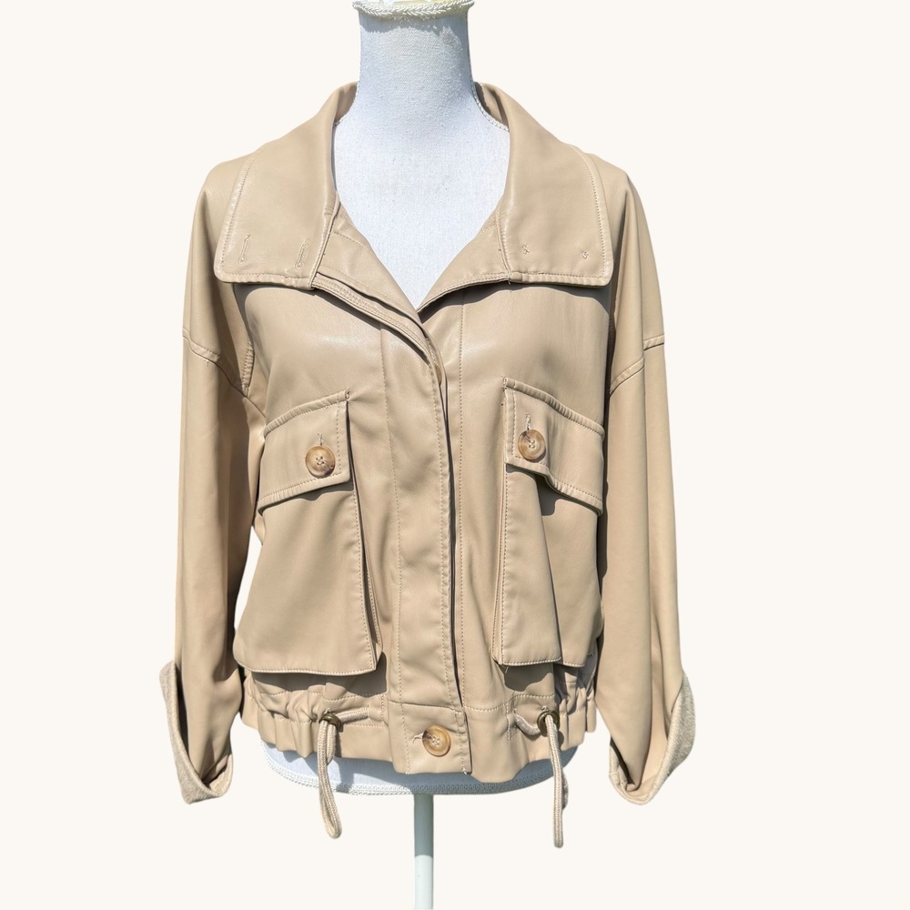 BlankNYC Tan Faux Leather Utility Jacket Cropped Drawstring 02EV6381 Womens M